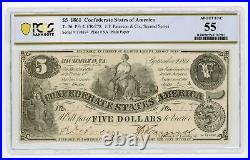 1861 T-36 $5 The Confederate States of America Note CIVIL WAR Era PCGS AU 55