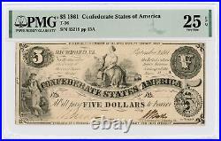 1861 T-36 $5 The Confederate States of America Note CIVIL WAR Era PMG 25 EPQ