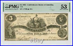 1861 T-36 $5 The Confederate States of America Note CIVIL WAR Era PMG AU 53