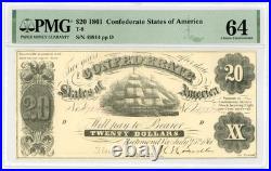1861 T-9 $20 The Confederate States of America Note CIVIL WAR Era PMG 64