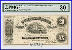 1861 T-9 $20 The Confederate States of America Note CIVIL WAR Era PMG VF 30