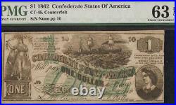 1862 $1 Confederate States Counterfeit CIVIL War Note Money Ct-45 Pmg 63 Epq