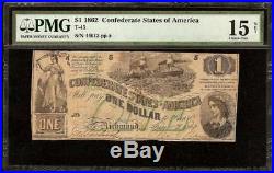 1862 $1 Dollar Bill Confederate States Currency CIVIL War Note Green T-45 Pmg