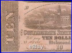 1862 $10 Dollar Bill Confederate States Currency CIVIL War Note Paper Money T-52