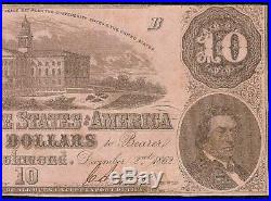 1862 $10 Dollar Bill Confederate States Currency CIVIL War Note Paper Money T-52