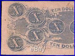 1862 $10 Dollar Bill Confederate States Currency CIVIL War Note Paper Money T-52