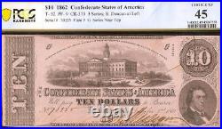 1862 $10 Dollar Confederate States Currency CIVIL War Note Money T-52 Pcgs 45