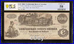 1862 $100 Bill Confederate States Currency CIVIL War Note Money T39 Pmg Pcgs 58