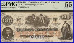 1862 $100 Confederate Contemporary Counterfeit CIVIL War Hoer Note Ct-41 Pmg 55