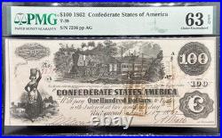 1862 $100 Confederate Note T-39 PMG 63 EPQ? Choice Unc Civil War Issue