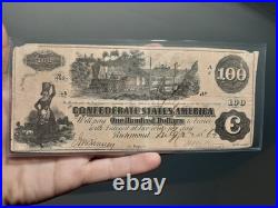 1862 $100 Confederate States America Train Paper Note Civil War Interest Stamp