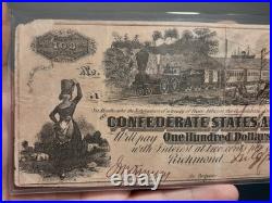 1862 $100 Confederate States America Train Paper Note Civil War Interest Stamp