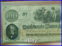 1862 $100 Confederate States Currency CIVIL War Cotton Hoer Note Csa Paper T-41