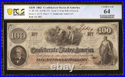 1862 $100 Confederate States Currency CIVIL War Hoer Note T-41 Pcgs 64 Pop 1/0