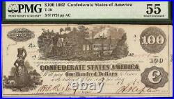 1862 $100 Confederate States Currency CIVIL War Note Money No Stamps T-39 Pmg 55