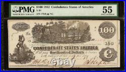 1862 $100 Confederate States Currency CIVIL War Note Money No Stamps T-39 Pmg 55