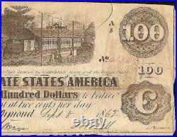 1862 $100 Confederate States Currency Knoxville Tennessee CIVIL War Note Money