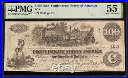 1862 $100 Confederate States T39 CIVIL War Currency Note Bogus Back Print Pmg 55