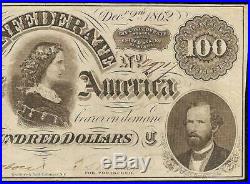 1862 $100 Dollar Bill CIVIL War Confederate States Currency Note Better T-49