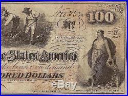 1862 $100 Dollar Bill Confederate States Currency CIVIL War Cotton Hoer Note T41