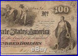 1862 $100 Dollar Bill Confederate States Currency CIVIL War Hoer Note T-41