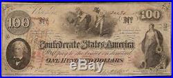 1862 $100 Dollar Bill Confederate States Currency CIVIL War Hoer Note T-41