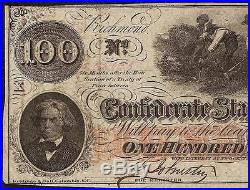 1862 $100 Dollar Bill Confederate States Currency CIVIL War Hoer Note T-41 Au