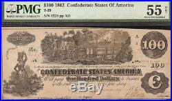 1862 $100 Dollar Bill Confederate States Currency CIVIL War Note T-39 Pmg Au 55