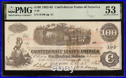 1862 $100 Dollar Bill Confederate States Currency CIVIL War Note T-40 Pmg 53
