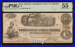 1862 $100 Dollar Bill Confederate States Currency CIVIL War Note T-40 Pmg 55