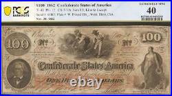 1862 $100 Dollar Bill Confederate States Hoer Note CIVIL War Money T-41 Pcgs 40