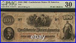 1862 $100 Dollar Bill Confederate States Note CIVIL War Paper Money T-41 Pmg 30
