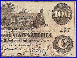 1862 $100 Dollar Clouds Error Confederate States Currency CIVIL War Money T-39