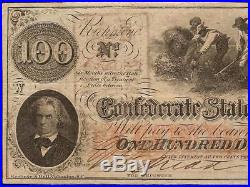 1862 $100 Dollar Confederate States Currency CIVIL War Hoer Note Jackson T-41