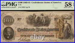 1862 $100 Dollar Confederate States Currency CIVIL War Hoer Note T-41 Pmg 58 Epq