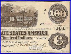 1862 $100 Dollar Confederate States Currency CIVIL War Note Csa Paper Money T-40
