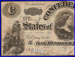 1862 $100 Dollar Confederate States Currency CIVIL War Note Money Better T-49