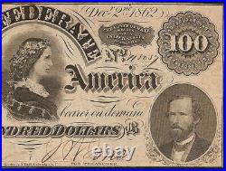 1862 $100 Dollar Confederate States Currency CIVIL War Note Money Better T-49