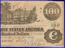 1862 $100 Dollar Confederate States Currency CIVIL War Note Old Paper Money T-39