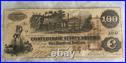 1862 $100 Dollar Confederate States Currency CIVIL War Note Paper Money