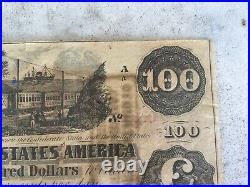 1862 $100 Dollar Confederate States Currency CIVIL War Note Paper Money