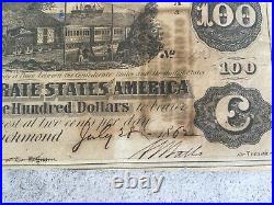 1862 $100 Dollar Confederate States Currency CIVIL War Note Paper Money