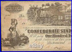 1862 $100 Dollar Confederate States Currency CIVIL War Note Paper Money T-39