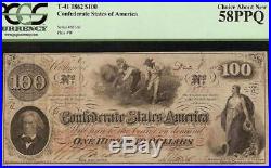 1862 $100 Dollar Confederate States Hoer Note CIVIL War Money T-41 Pcgs 58 Ppq