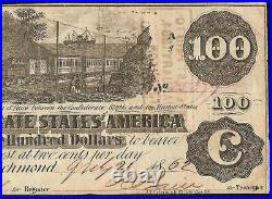 1862 $100 Manuscript Signed Confederate States Currency CIVIL War Note Money