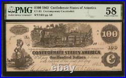 1862 1863 $100 Confederate Contemporary Counterfeit CIVIL War Note Ct-39 Pmg 58