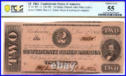 1862 $2 Confederate States of America T-54 PF-11 Note PCGS AU55! Civil War Era