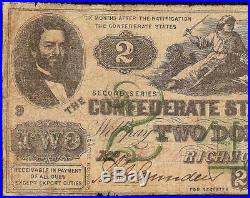 1862 $2 Dollar Confederate States CIVIL War Note Money Better T-43 Green Print