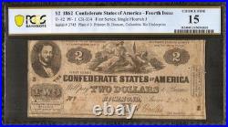 1862 $2 Dollar Confederate States Currency CIVIL War Note Money T-42 Pcgs 15
