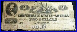 1862 $2 Two Dollar Bill Richmond Confederate States Currency CIVIL War Note T-42